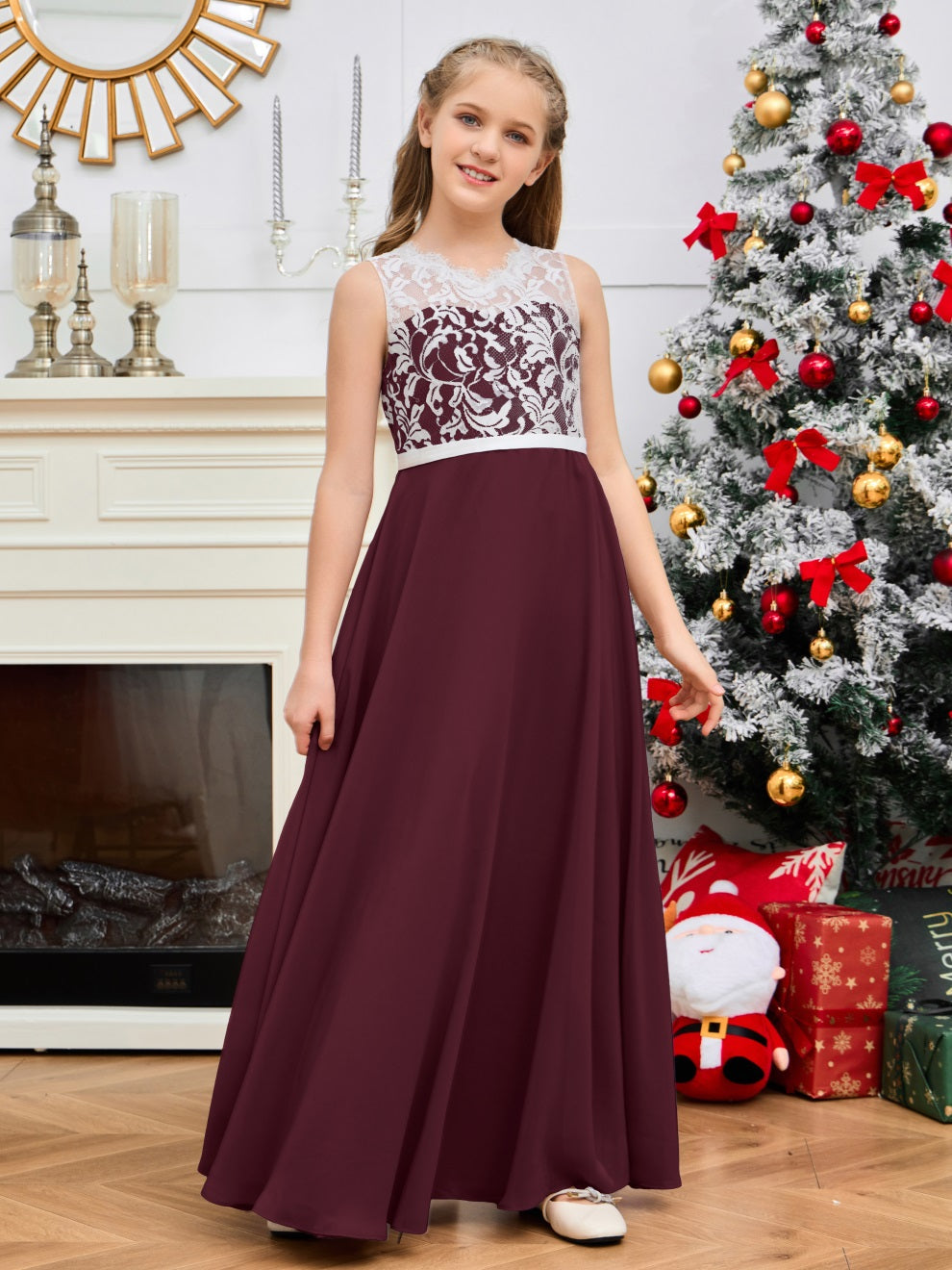 A Line V Rücken Chiffon Spitze Junior Brautjungfer Kleid