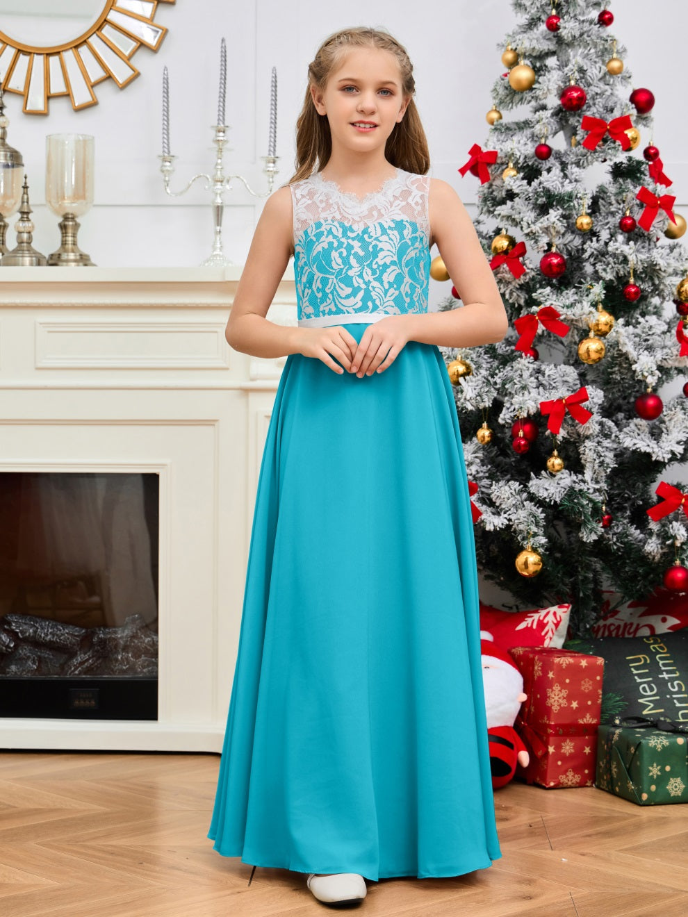 A Line V Rücken Chiffon Spitze Junior Brautjungfer Kleid