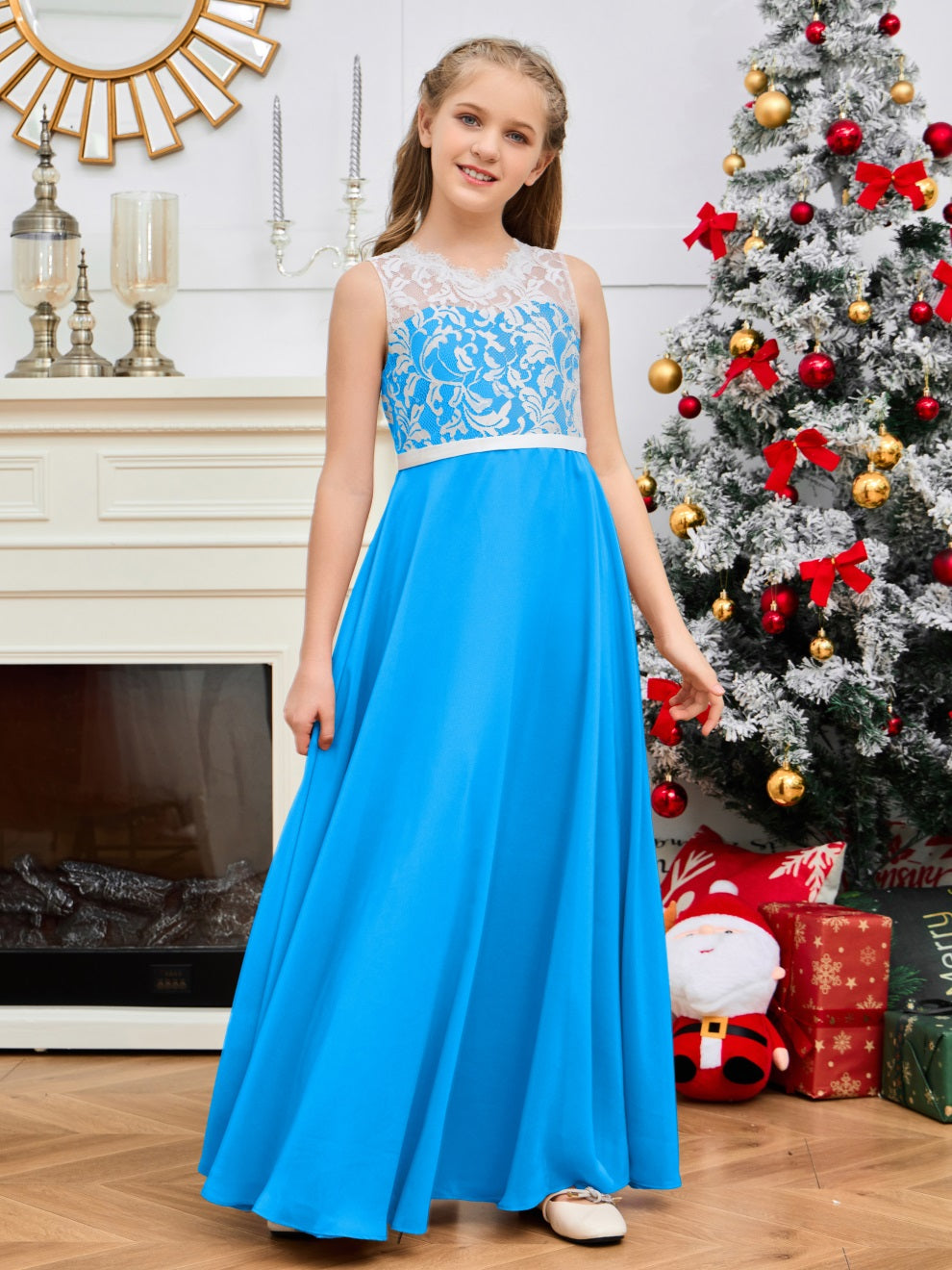 A Line V Rücken Chiffon Spitze Junior Brautjungfer Kleid