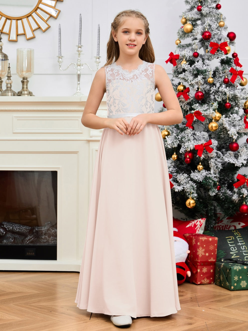 A Line V Rücken Chiffon Spitze Junior Brautjungfer Kleid