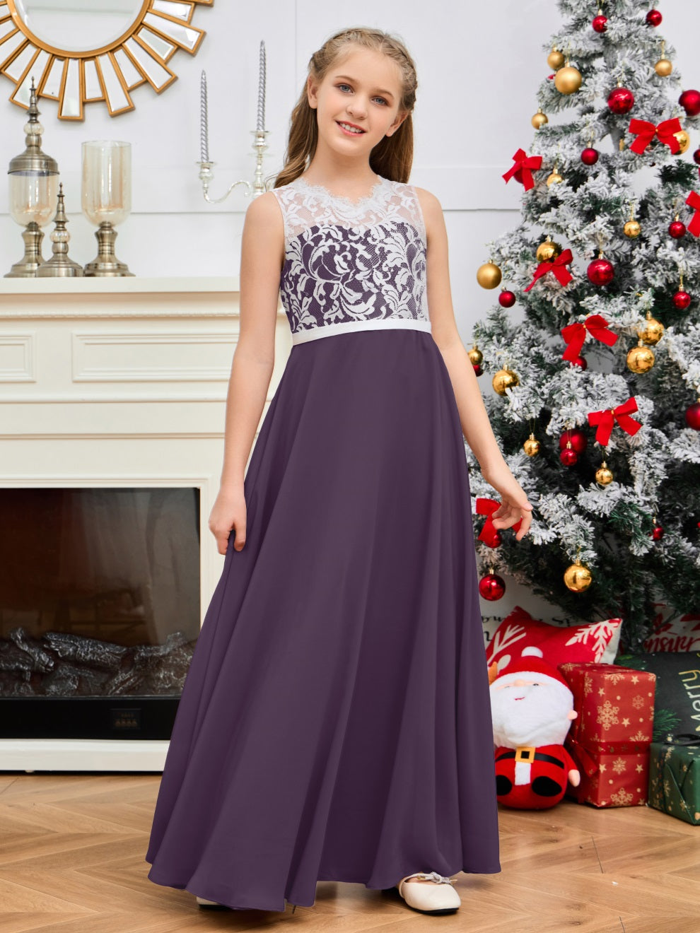 A Line V Rücken Chiffon Spitze Junior Brautjungfer Kleid