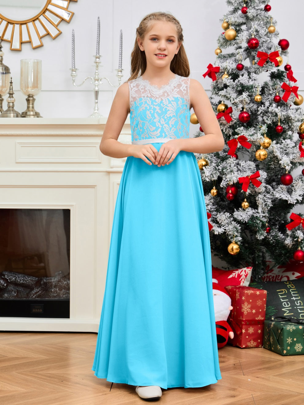 A Line V Rücken Chiffon Spitze Junior Brautjungfer Kleid