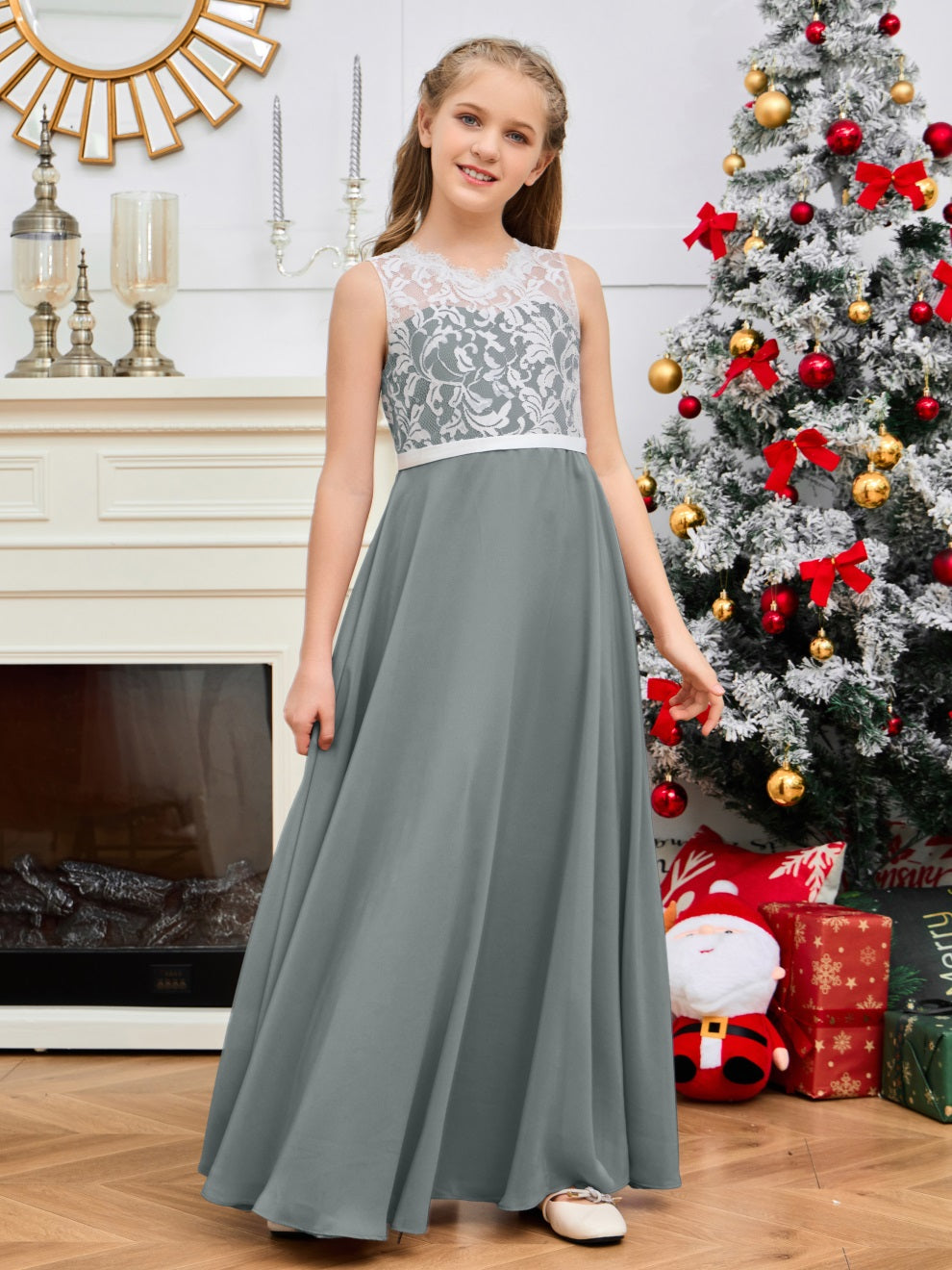 A Line V Rücken Chiffon Spitze Junior Brautjungfer Kleid