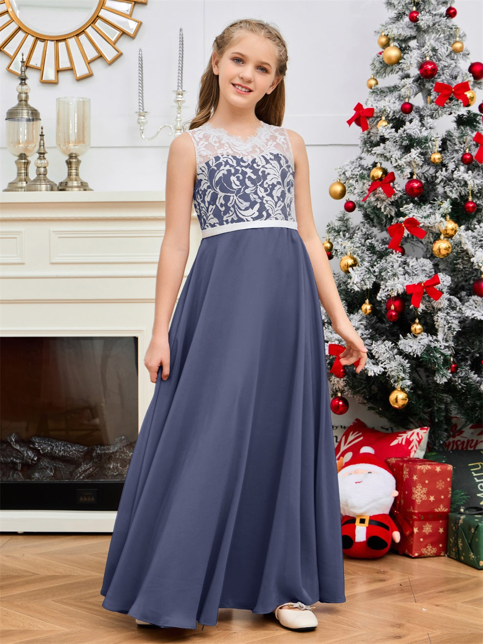 A Line V Rücken Chiffon Spitze Junior Brautjungfer Kleid