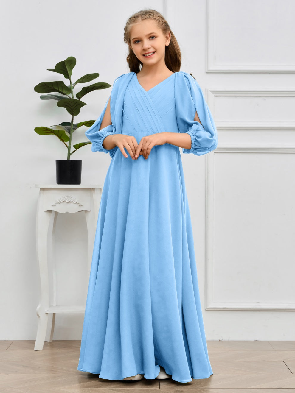 V-Ausschnitt 3/4 Ärmel Bodenlanges Chiffon Junior Brautjungfernkleid