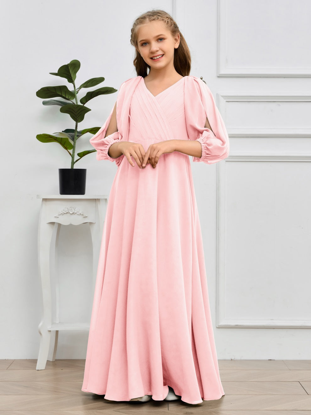 V-Ausschnitt 3/4 Ärmel Bodenlanges Chiffon Junior Brautjungfernkleid