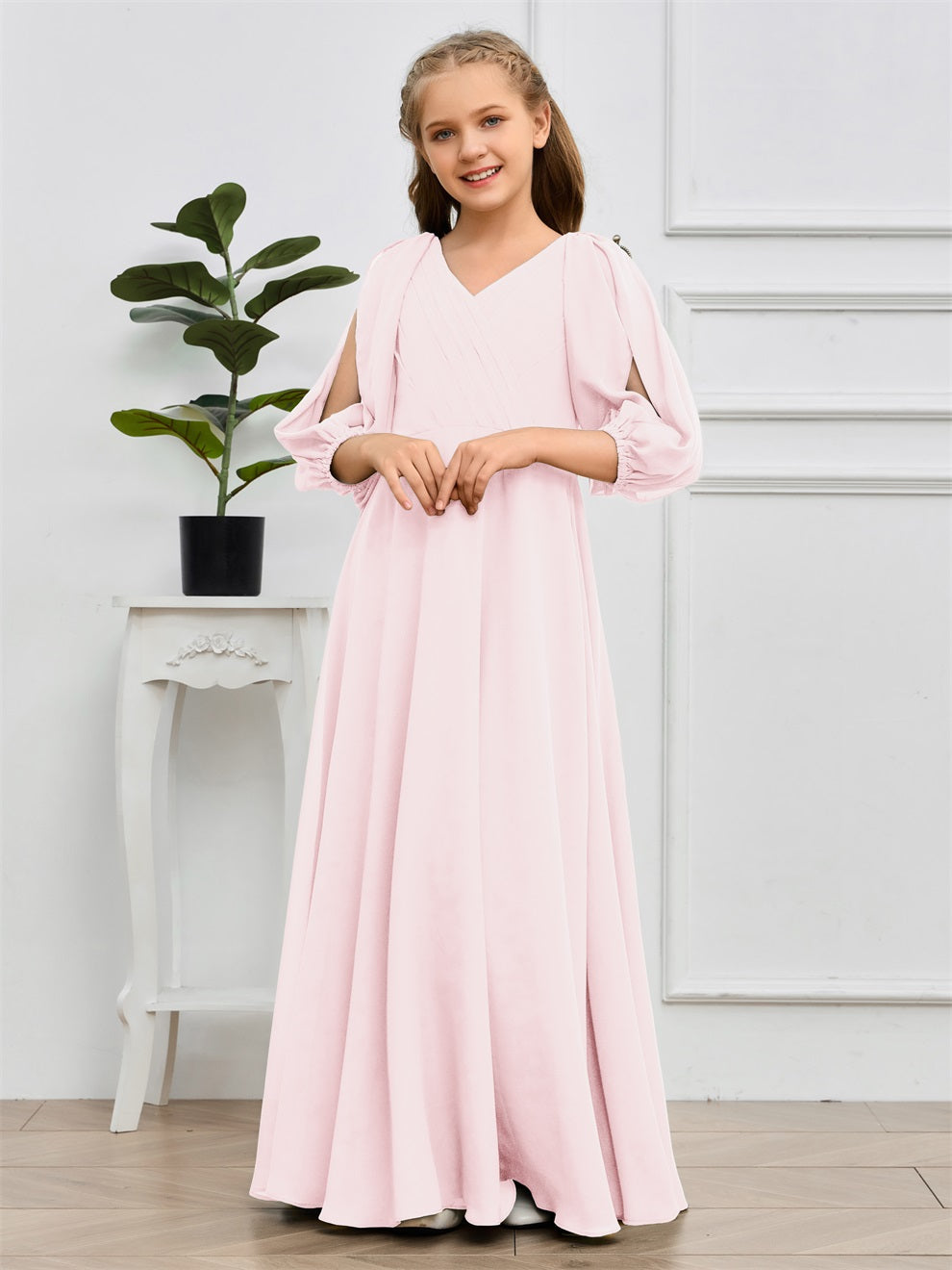 V-Ausschnitt 3/4 Ärmel Bodenlanges Chiffon Junior Brautjungfernkleid