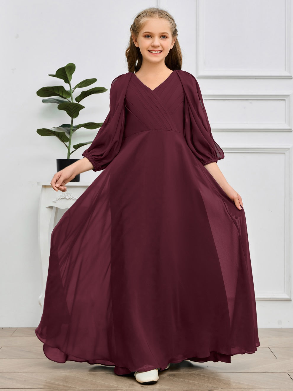 V-Ausschnitt 3/4 Ärmel Bodenlanges Chiffon Junior Brautjungfernkleid