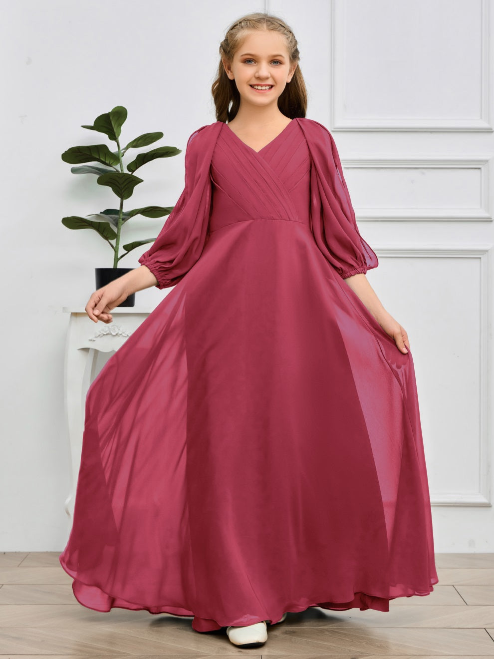 V-Ausschnitt 3/4 Ärmel Bodenlanges Chiffon Junior Brautjungfernkleid