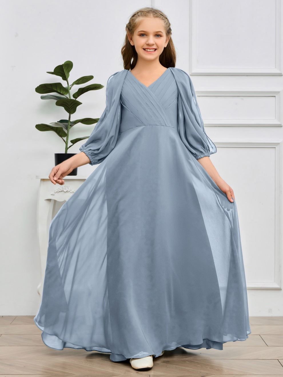 V-Ausschnitt 3/4 Ärmel Bodenlanges Chiffon Junior Brautjungfernkleid