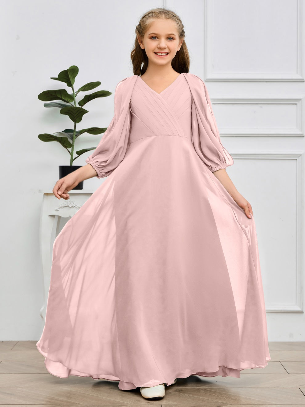 V-Ausschnitt 3/4 Ärmel Bodenlanges Chiffon Junior Brautjungfernkleid