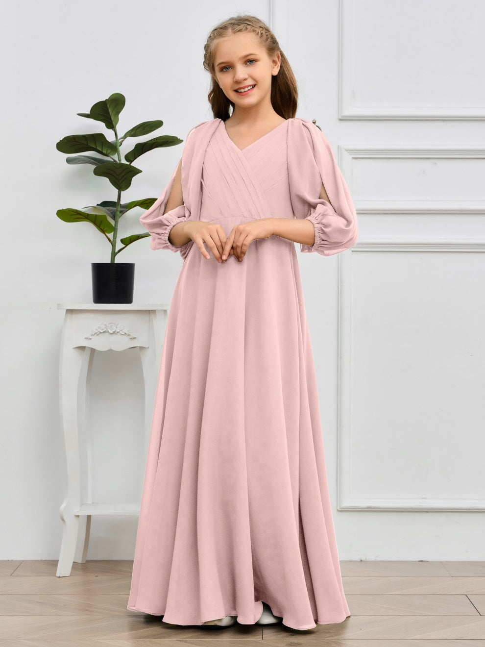 V-Ausschnitt 3/4 Ärmel Bodenlanges Chiffon Junior Brautjungfernkleid