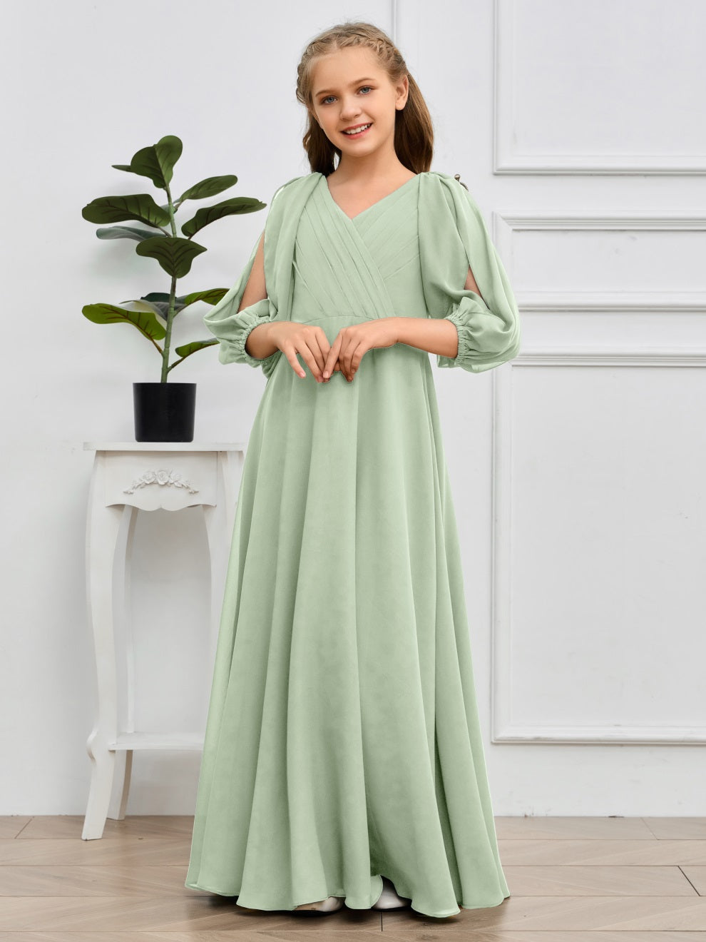 V-Ausschnitt 3/4 Ärmel Bodenlanges Chiffon Junior Brautjungfernkleid