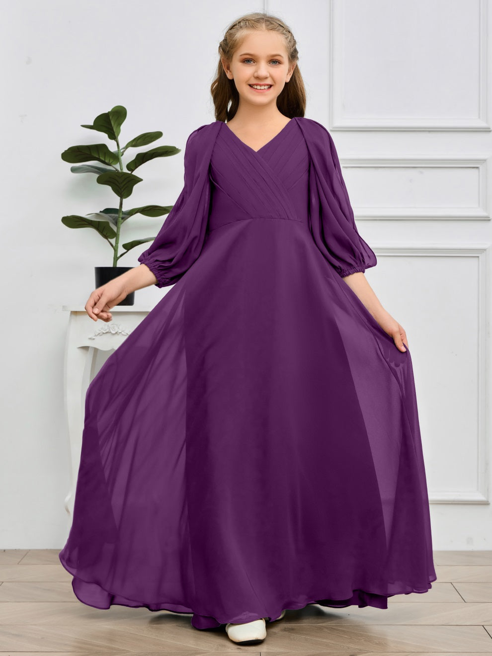 V-Ausschnitt 3/4 Ärmel Bodenlanges Chiffon Junior Brautjungfernkleid