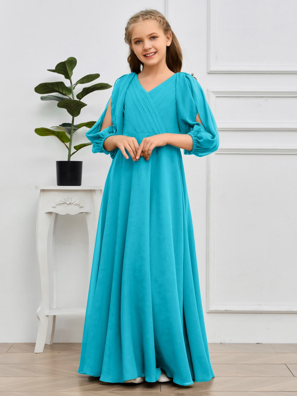 V-Ausschnitt 3/4 Ärmel Bodenlanges Chiffon Junior Brautjungfernkleid