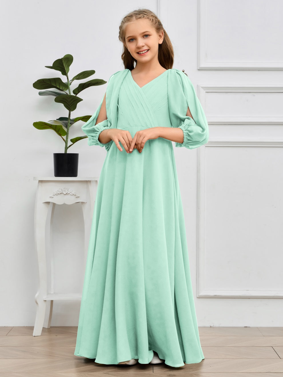 V-Ausschnitt 3/4 Ärmel Bodenlanges Chiffon Junior Brautjungfernkleid