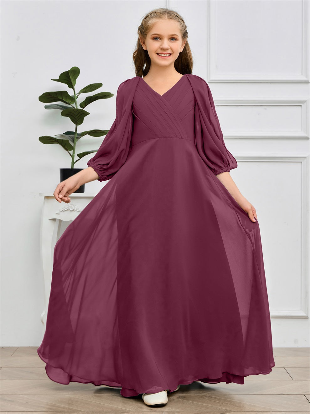 V-Ausschnitt 3/4 Ärmel Bodenlanges Chiffon Junior Brautjungfernkleid