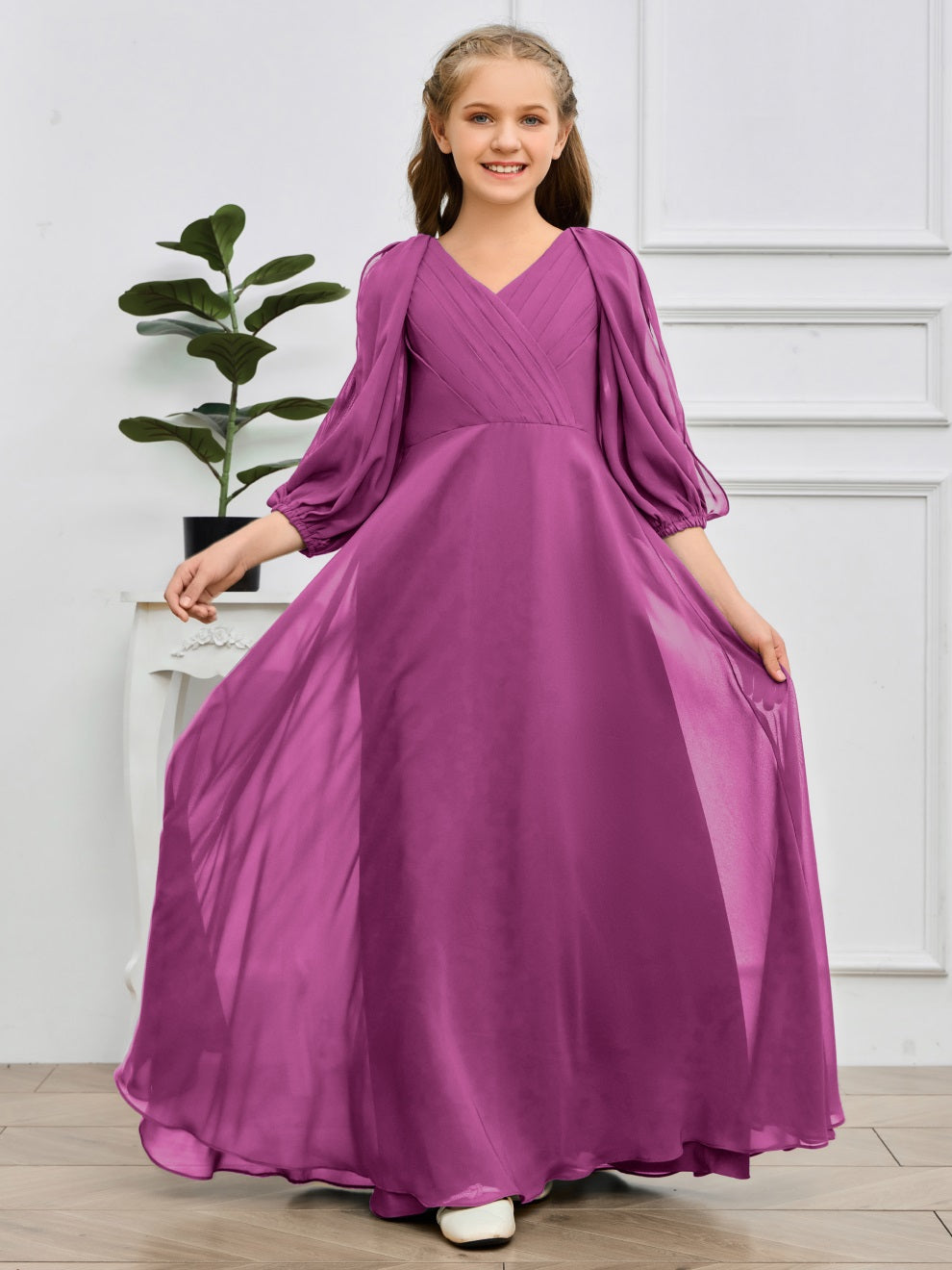 V-Ausschnitt 3/4 Ärmel Bodenlanges Chiffon Junior Brautjungfernkleid