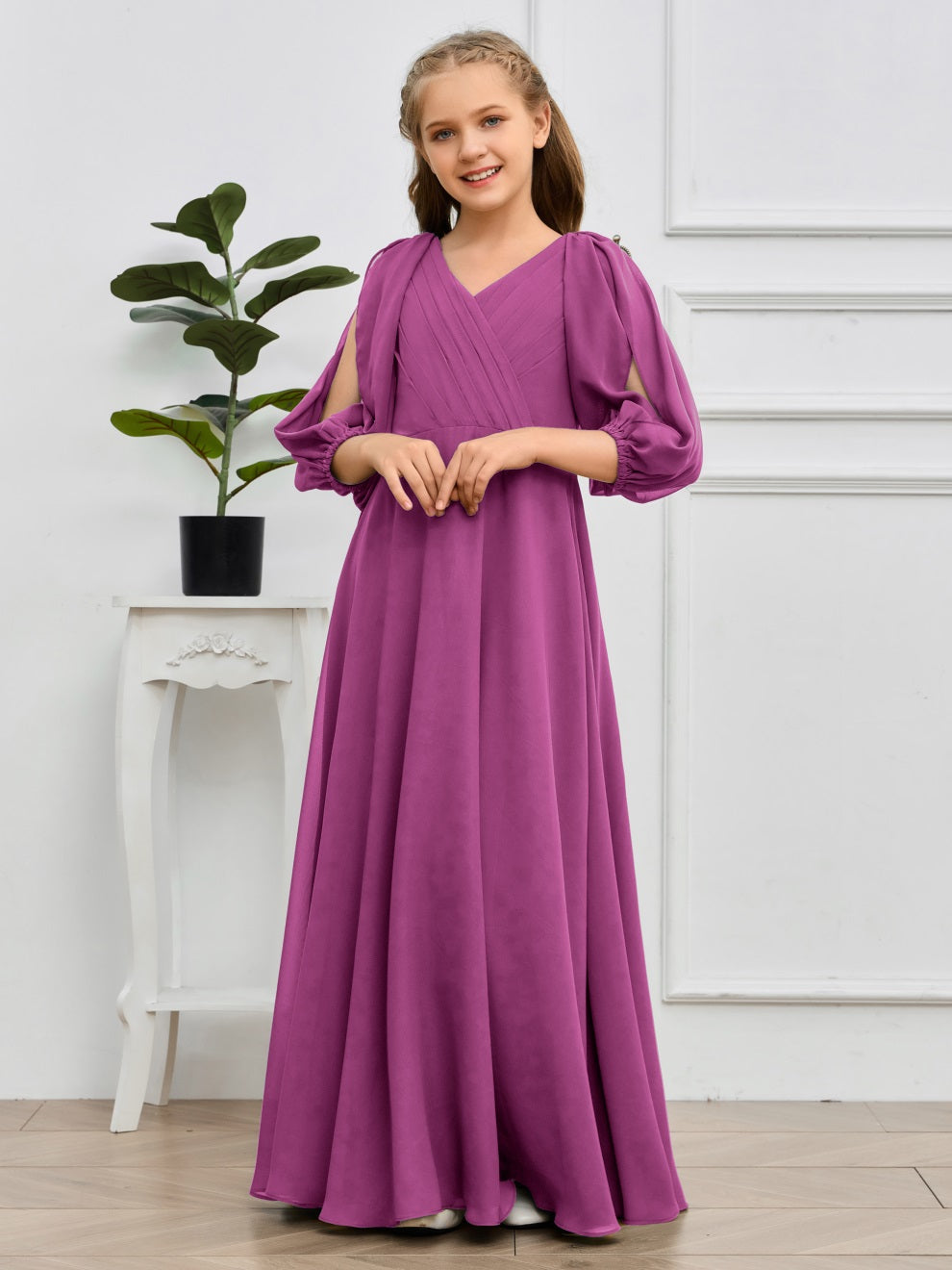 V-Ausschnitt 3/4 Ärmel Bodenlanges Chiffon Junior Brautjungfernkleid