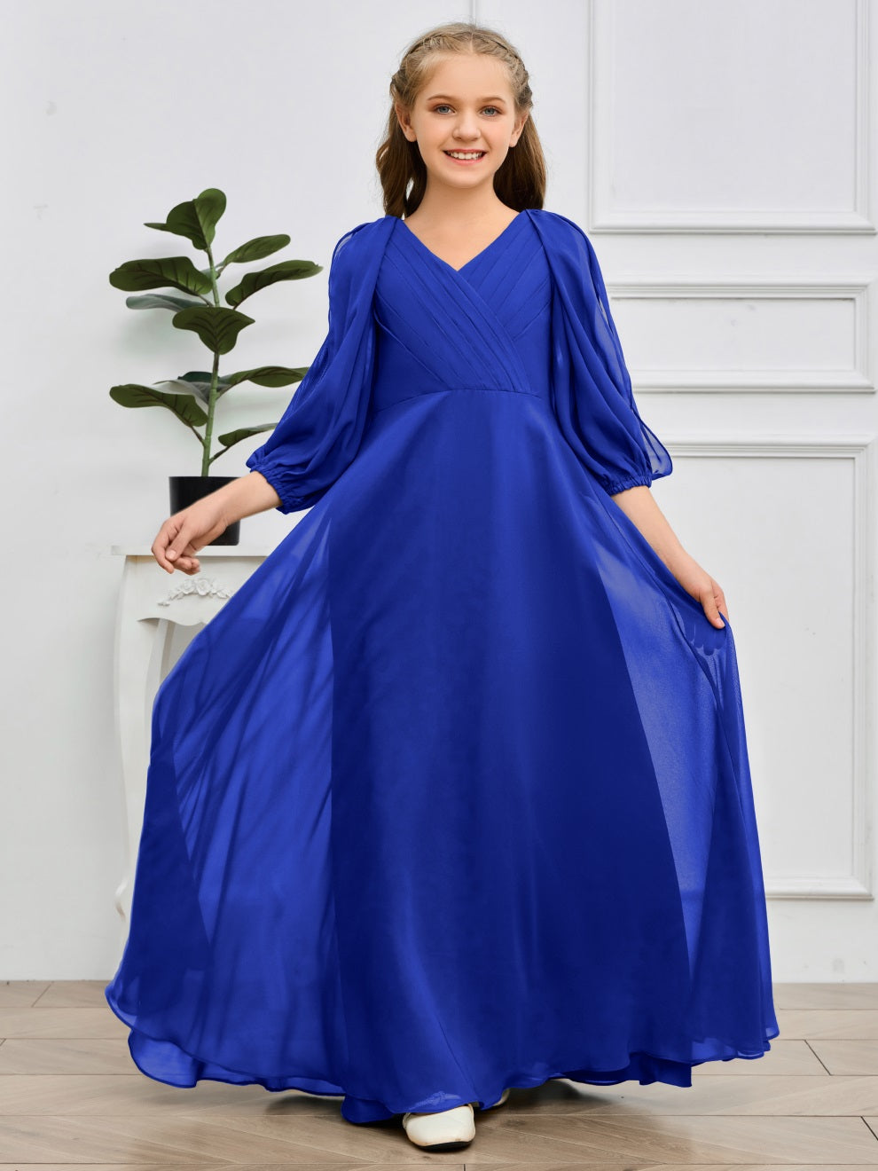 V-Ausschnitt 3/4 Ärmel Bodenlanges Chiffon Junior Brautjungfernkleid