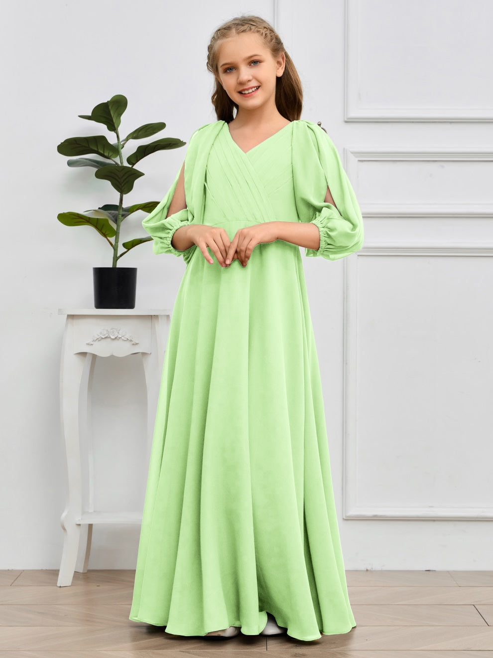 V-Ausschnitt 3/4 Ärmel Bodenlanges Chiffon Junior Brautjungfernkleid