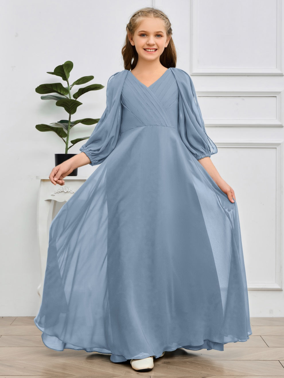 V-Ausschnitt 3/4 Ärmel Bodenlanges Chiffon Junior Brautjungfernkleid