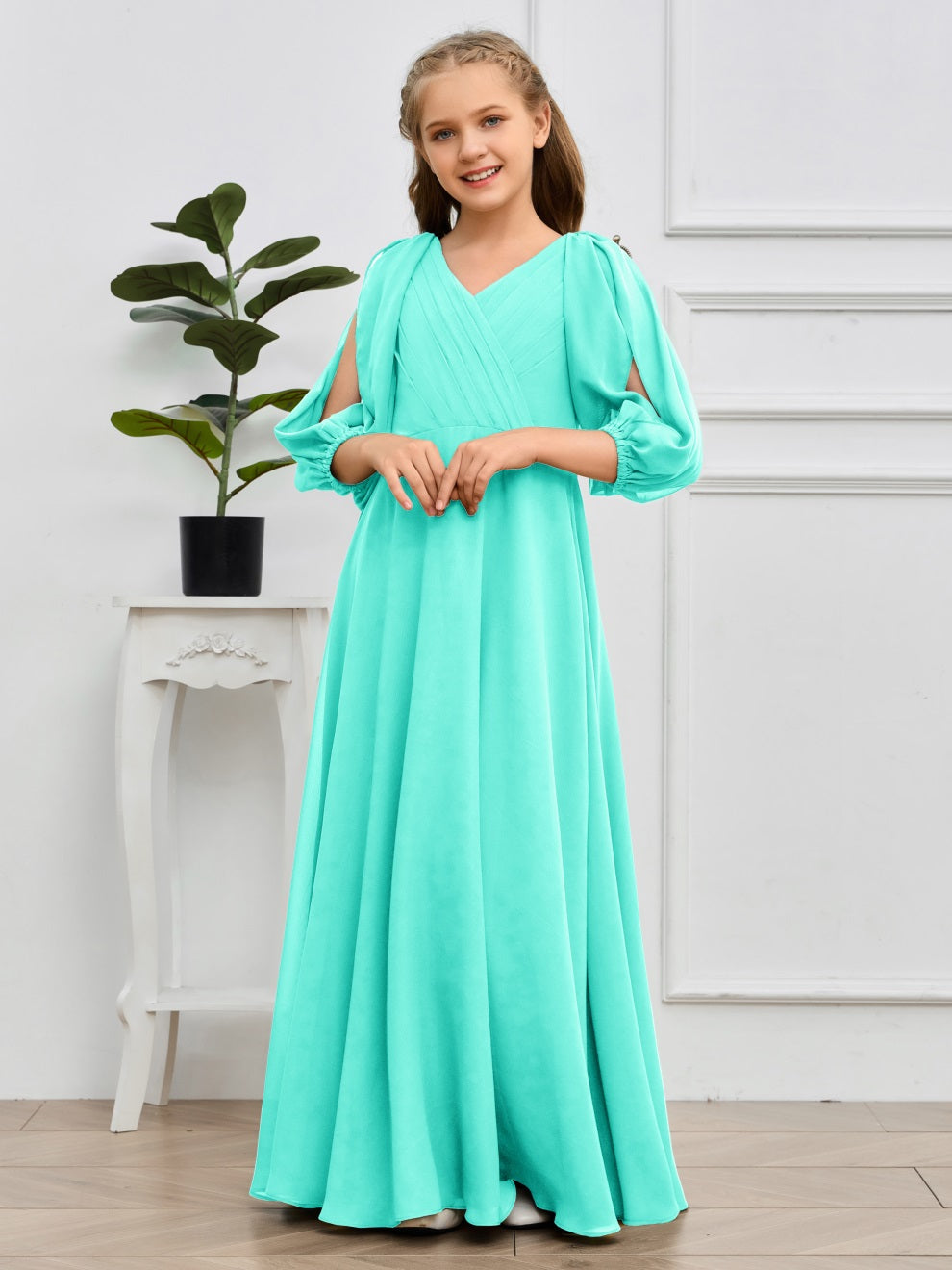 V-Ausschnitt 3/4 Ärmel Bodenlanges Chiffon Junior Brautjungfernkleid