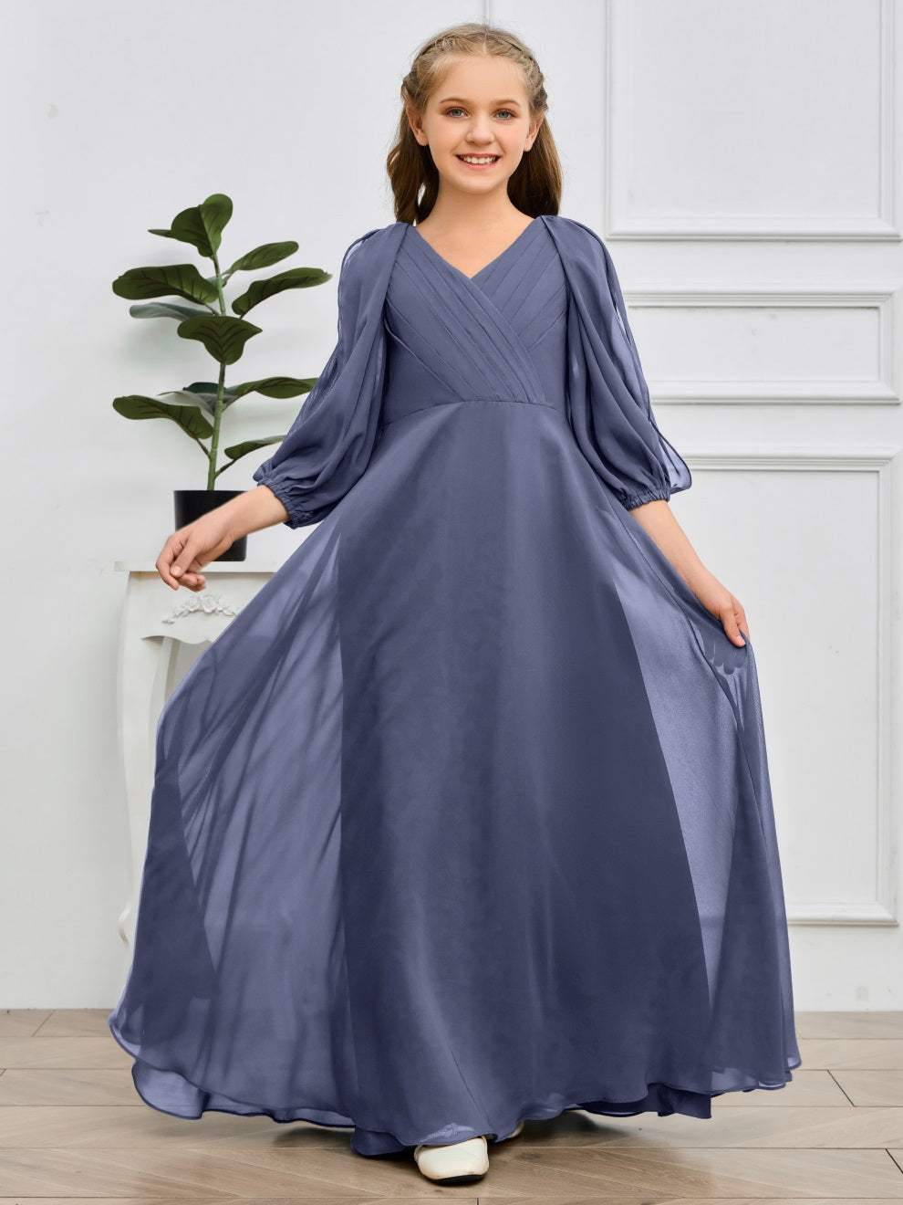 V-Ausschnitt 3/4 Ärmel Bodenlanges Chiffon Junior Brautjungfernkleid