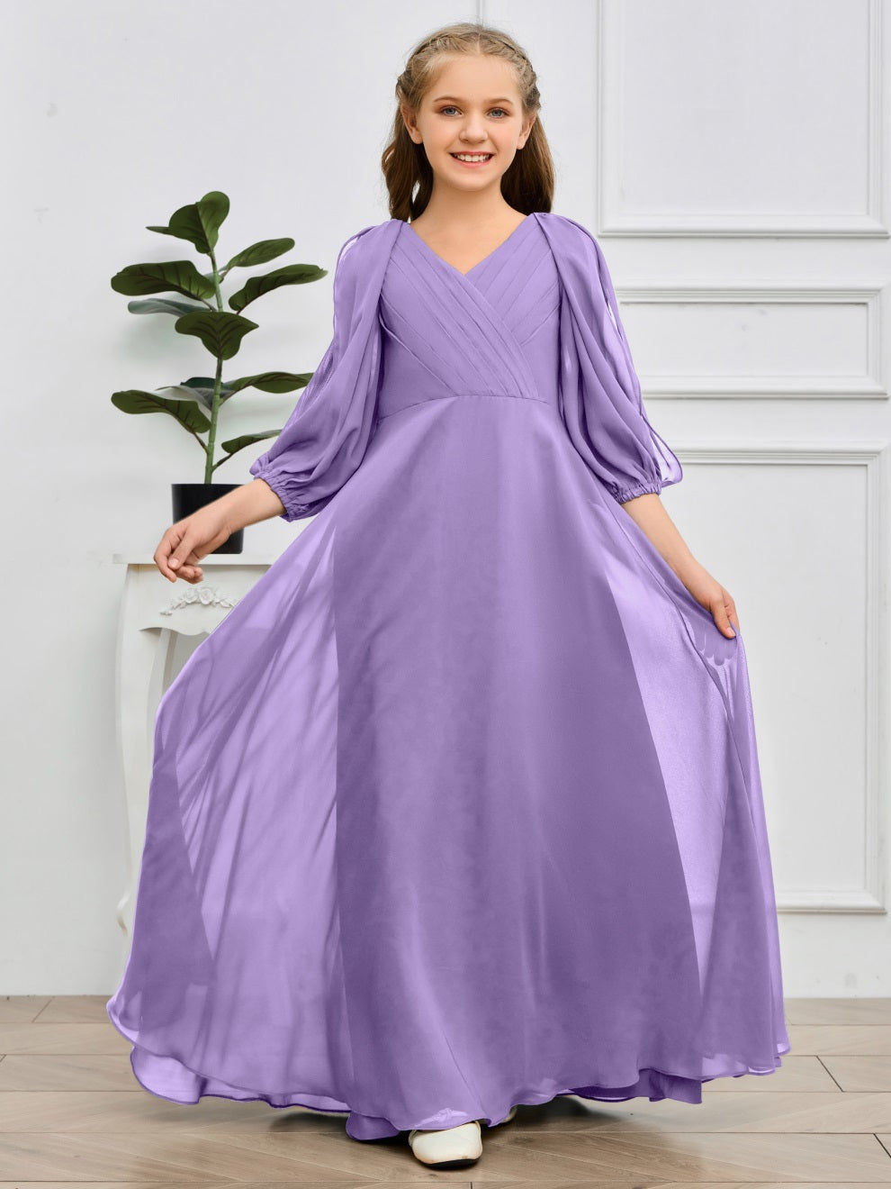 V-Ausschnitt 3/4 Ärmel Bodenlanges Chiffon Junior Brautjungfernkleid