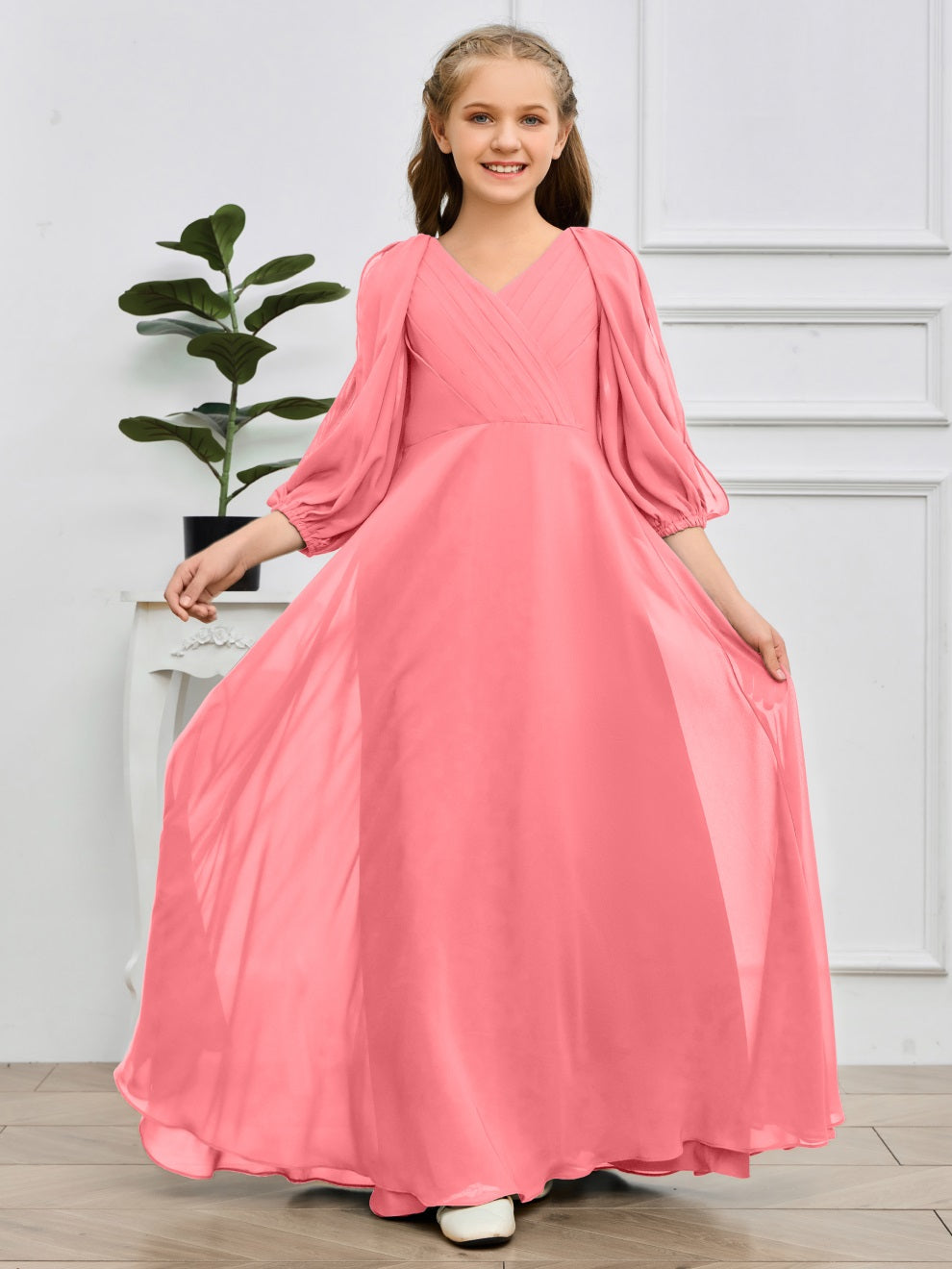 V-Ausschnitt 3/4 Ärmel Bodenlanges Chiffon Junior Brautjungfernkleid