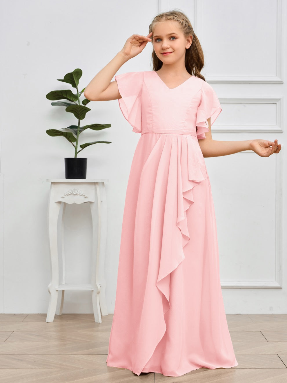 Col V kurze Ärmel Bodenlanges Chiffon Junior Brautjungfernkleid