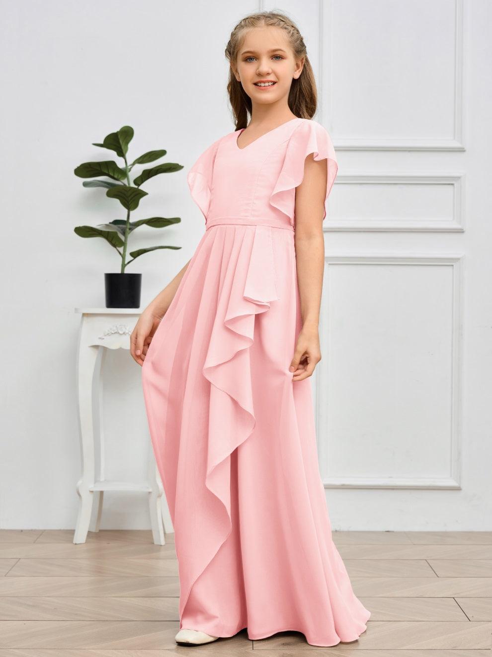 Col V kurze Ärmel Bodenlanges Chiffon Junior Brautjungfernkleid