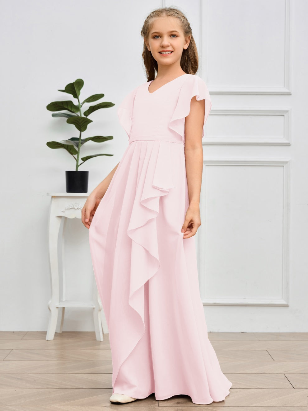 Col V kurze Ärmel Bodenlanges Chiffon Junior Brautjungfernkleid