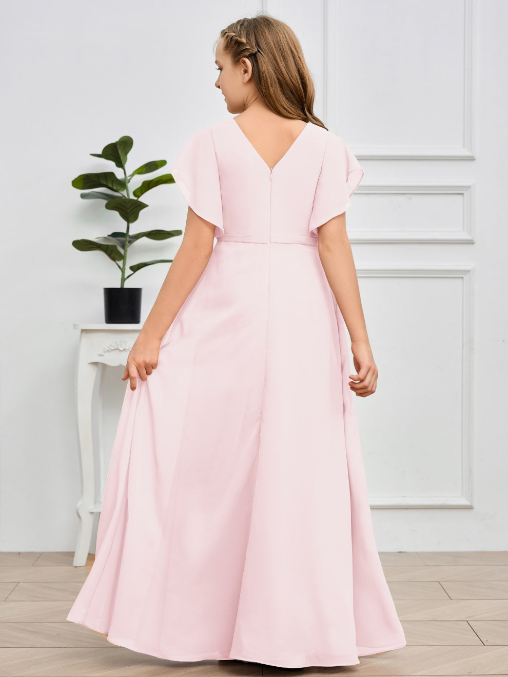 Col V kurze Ärmel Bodenlanges Chiffon Junior Brautjungfernkleid