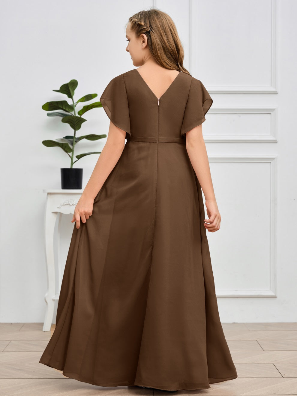 Col V kurze Ärmel Bodenlanges Chiffon Junior Brautjungfernkleid