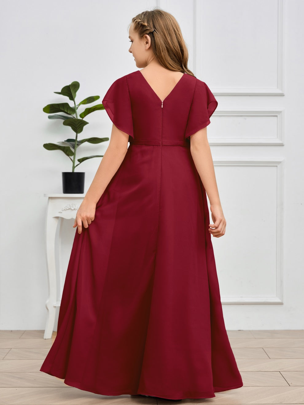 Col V kurze Ärmel Bodenlanges Chiffon Junior Brautjungfernkleid