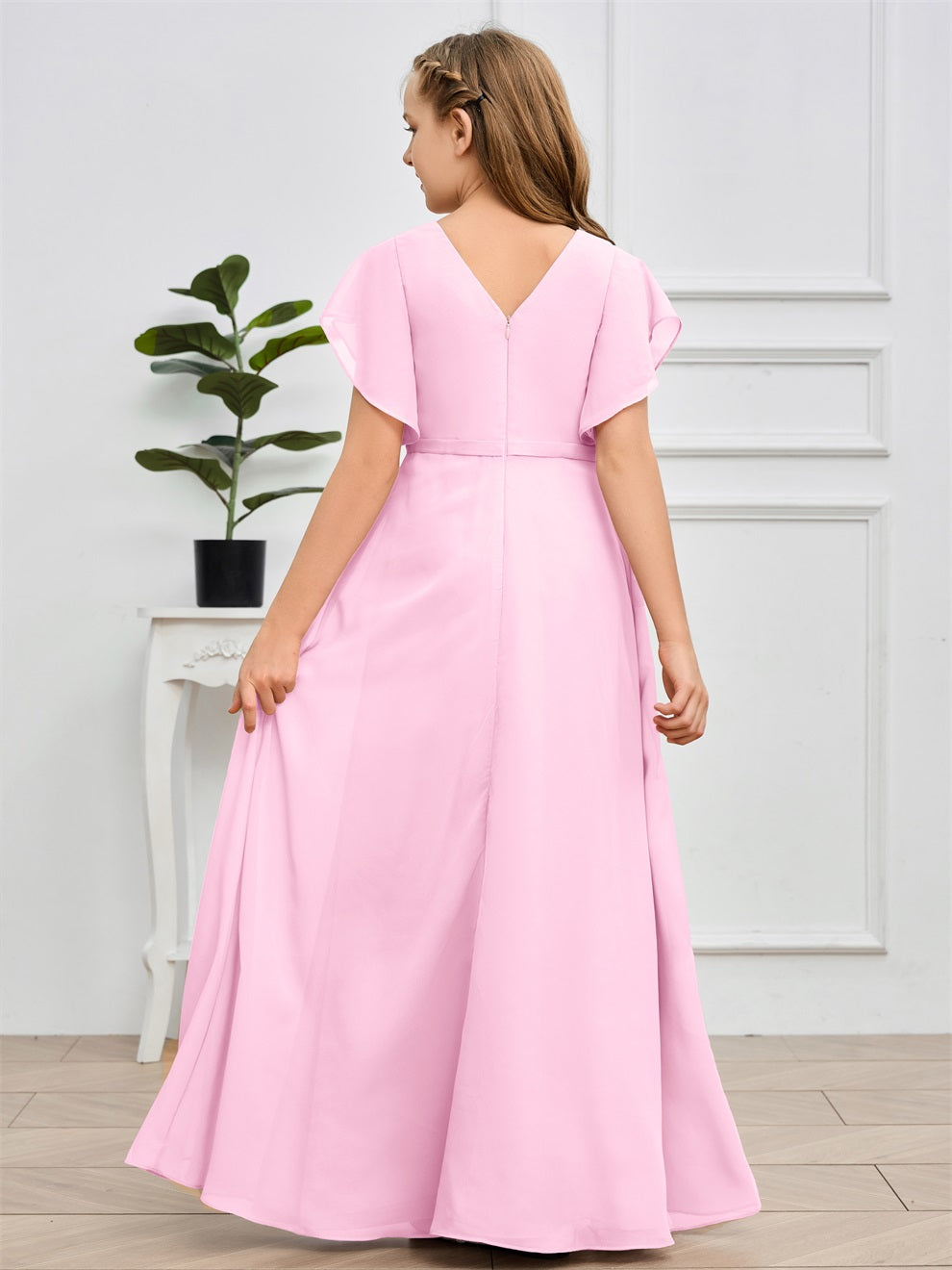 Col V kurze Ärmel Bodenlanges Chiffon Junior Brautjungfernkleid