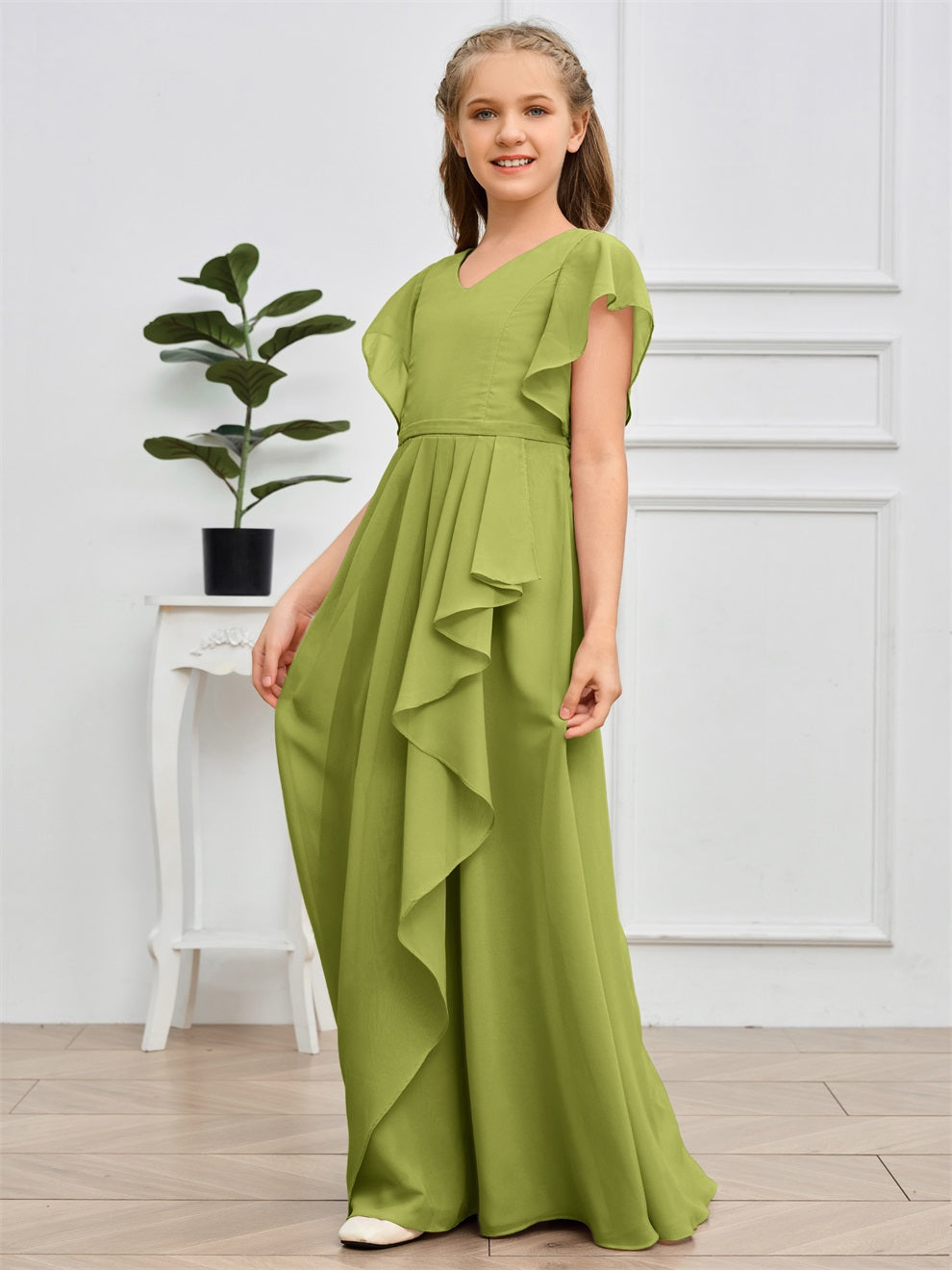 Col V kurze Ärmel Bodenlanges Chiffon Junior Brautjungfernkleid