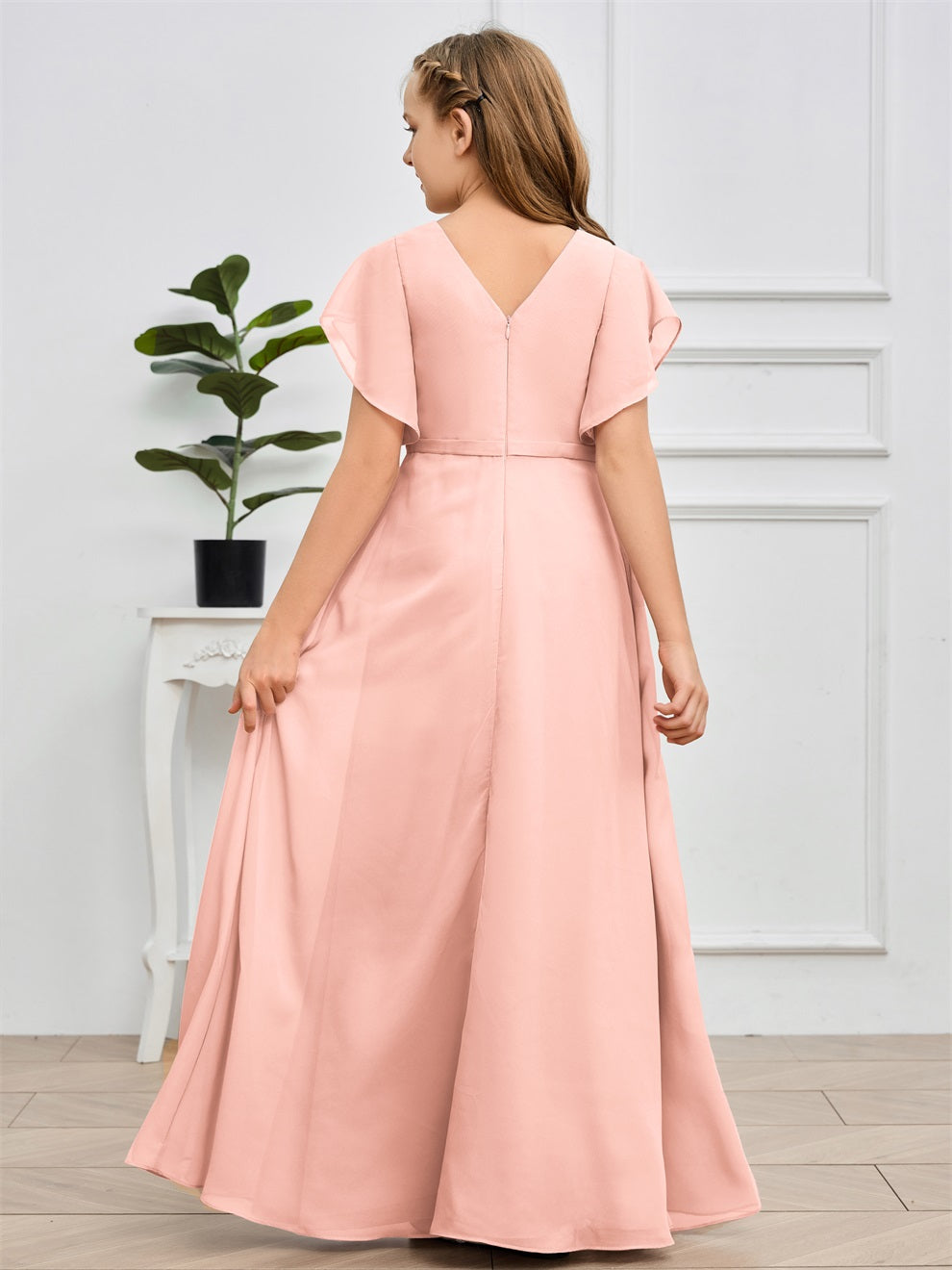 Col V kurze Ärmel Bodenlanges Chiffon Junior Brautjungfernkleid