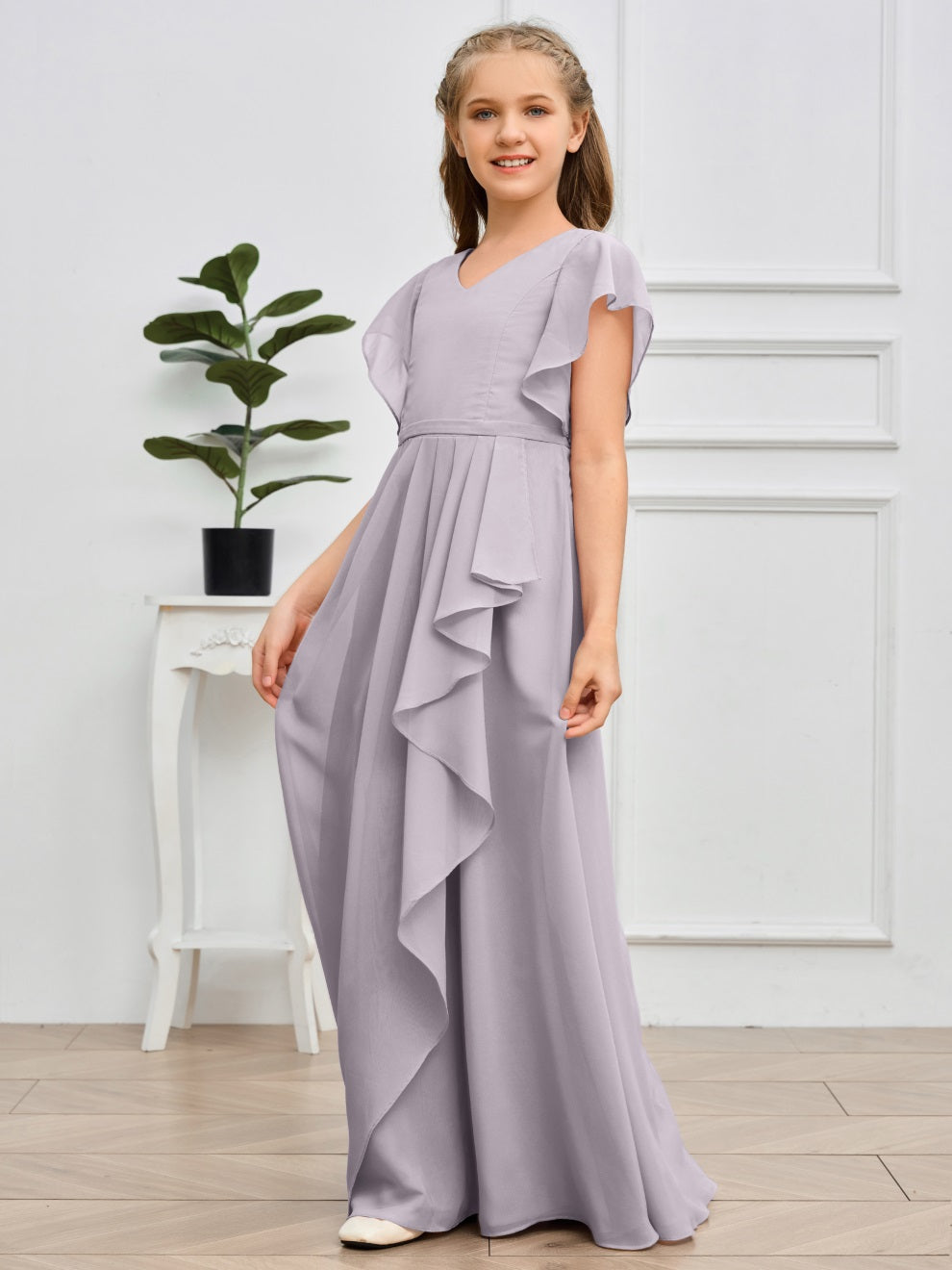 Col V kurze Ärmel Bodenlanges Chiffon Junior Brautjungfernkleid