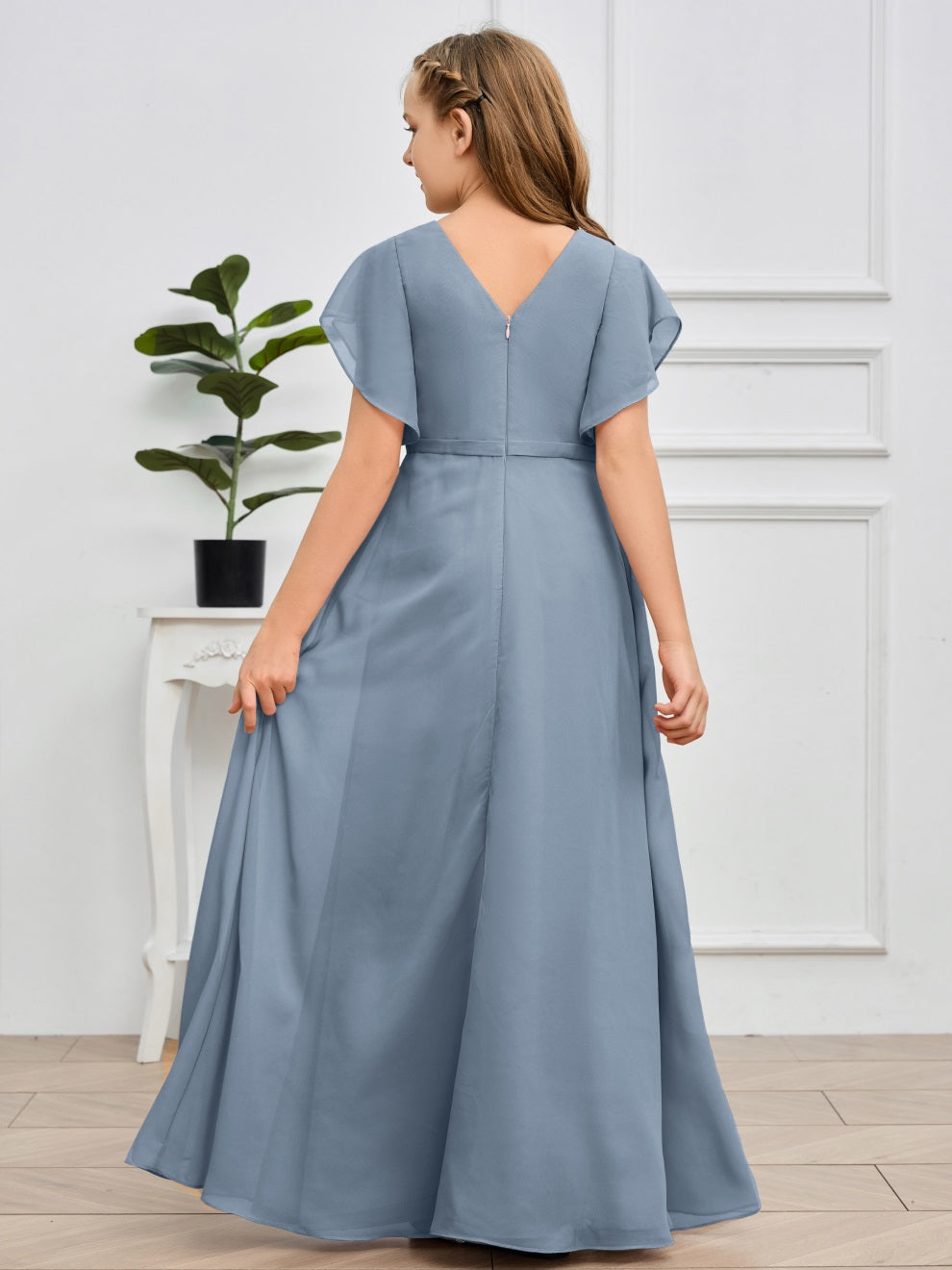 Col V kurze Ärmel Bodenlanges Chiffon Junior Brautjungfernkleid