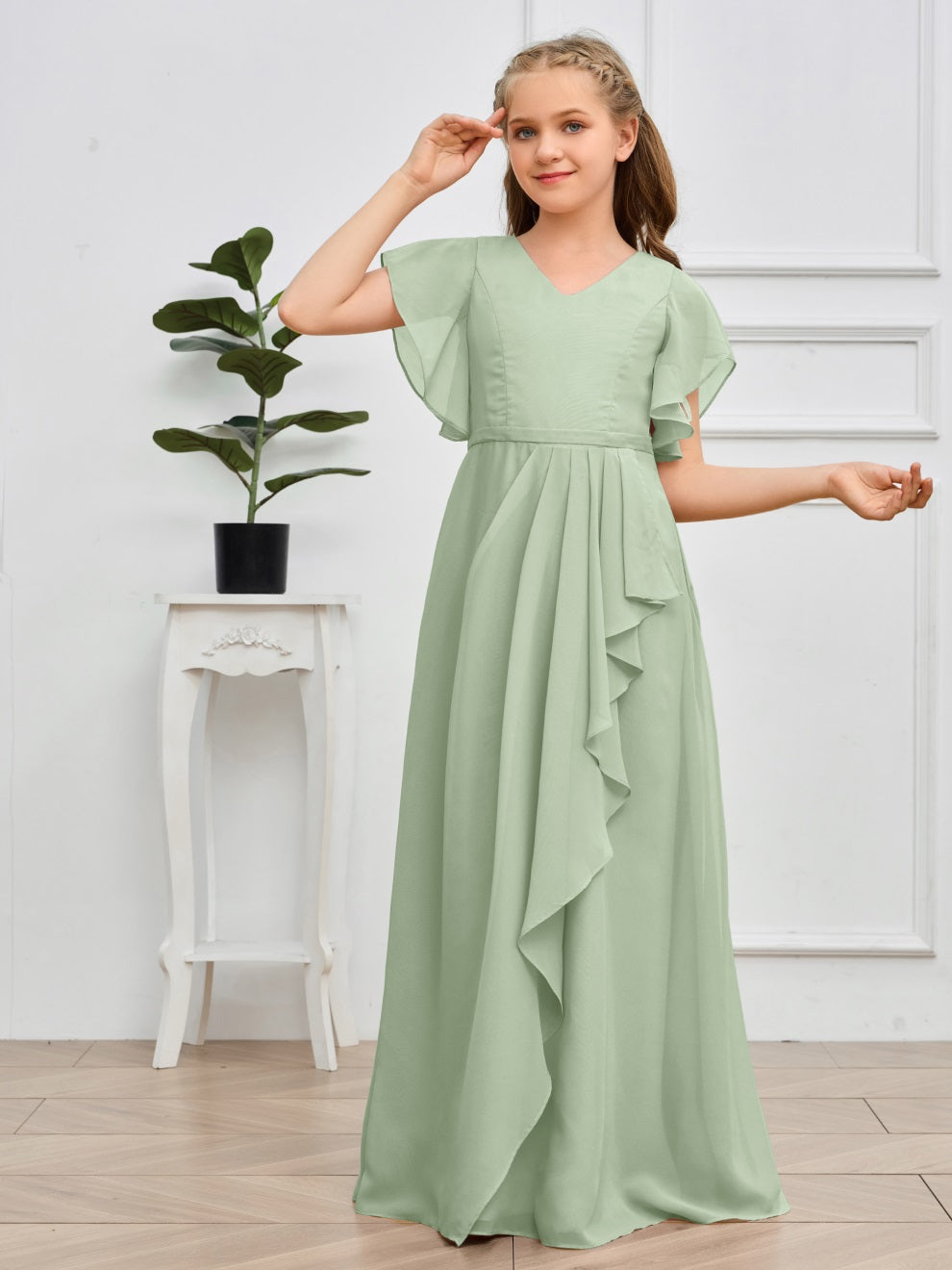 Col V kurze Ärmel Bodenlanges Chiffon Junior Brautjungfernkleid