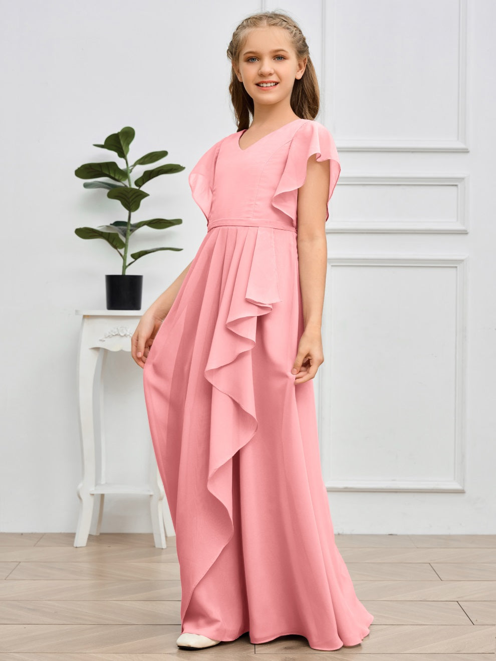 Col V kurze Ärmel Bodenlanges Chiffon Junior Brautjungfernkleid