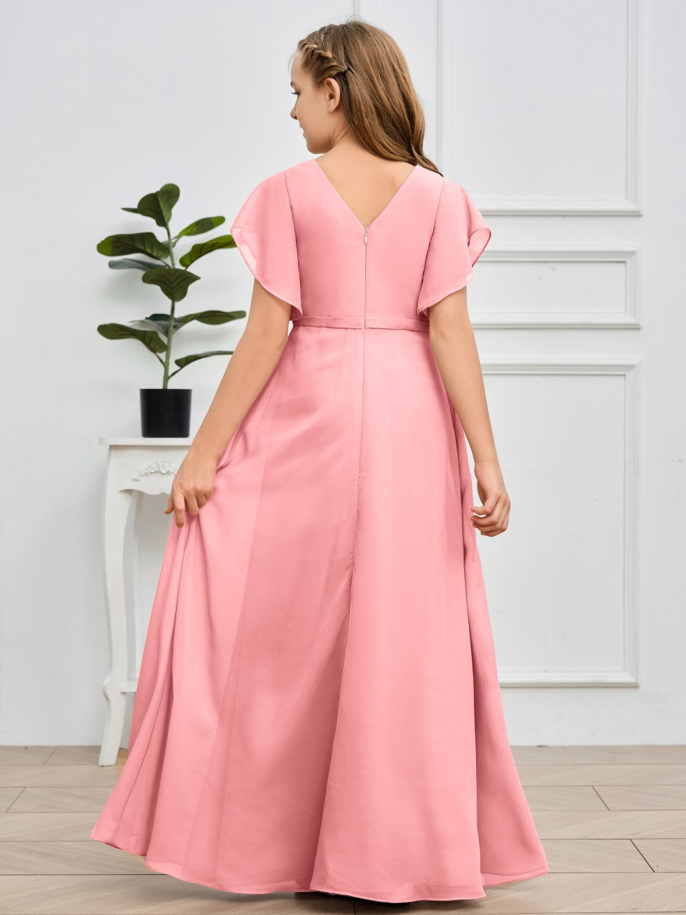 Col V kurze Ärmel Bodenlanges Chiffon Junior Brautjungfernkleid