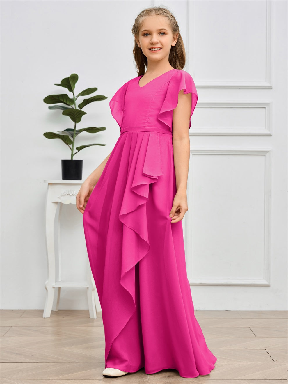 Col V kurze Ärmel Bodenlanges Chiffon Junior Brautjungfernkleid