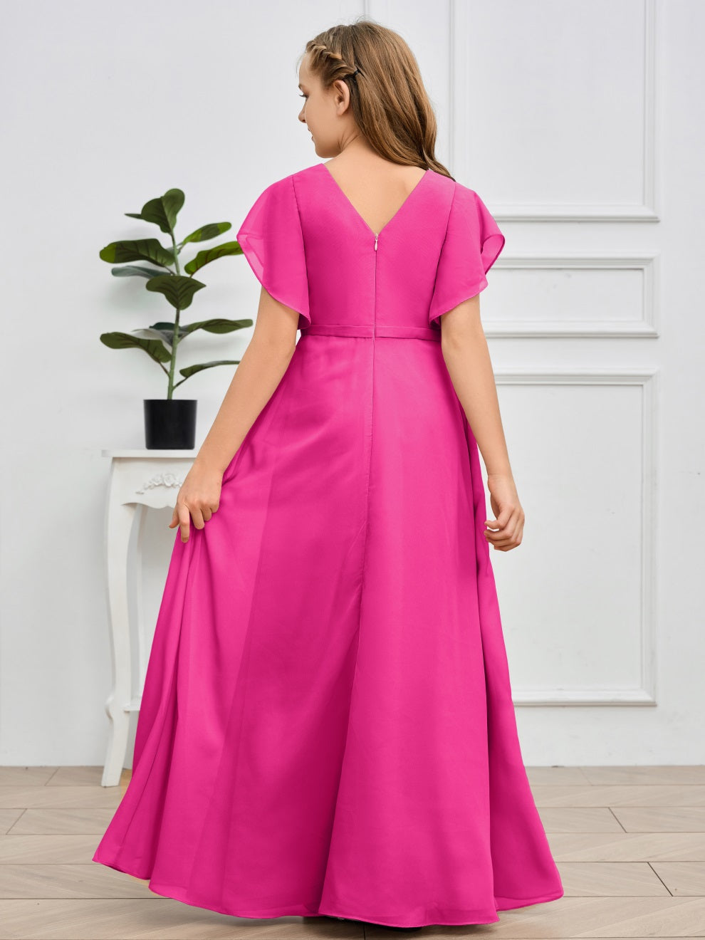 Col V kurze Ärmel Bodenlanges Chiffon Junior Brautjungfernkleid