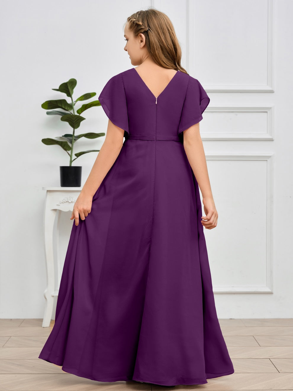 Col V kurze Ärmel Bodenlanges Chiffon Junior Brautjungfernkleid