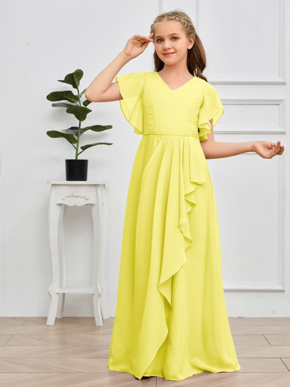 Col V kurze Ärmel Bodenlanges Chiffon Junior Brautjungfernkleid