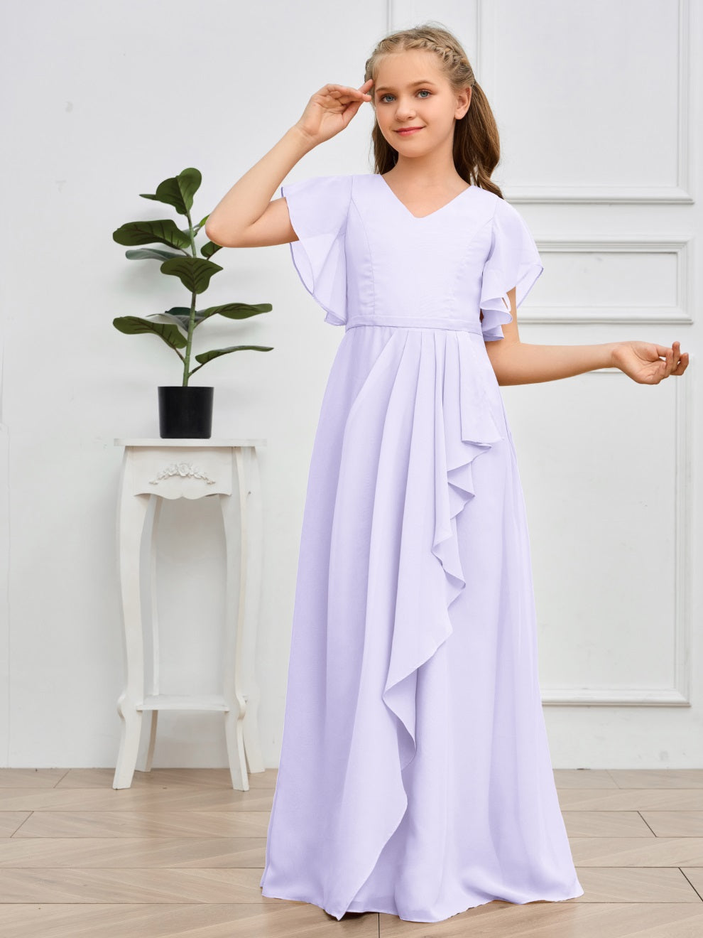 Col V kurze Ärmel Bodenlanges Chiffon Junior Brautjungfernkleid