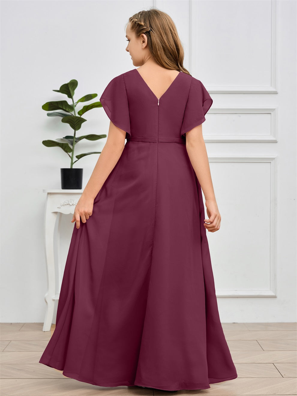 Col V kurze Ärmel Bodenlanges Chiffon Junior Brautjungfernkleid